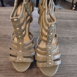 Tan Caged Open Toe Gold Studded Heels, Size 7